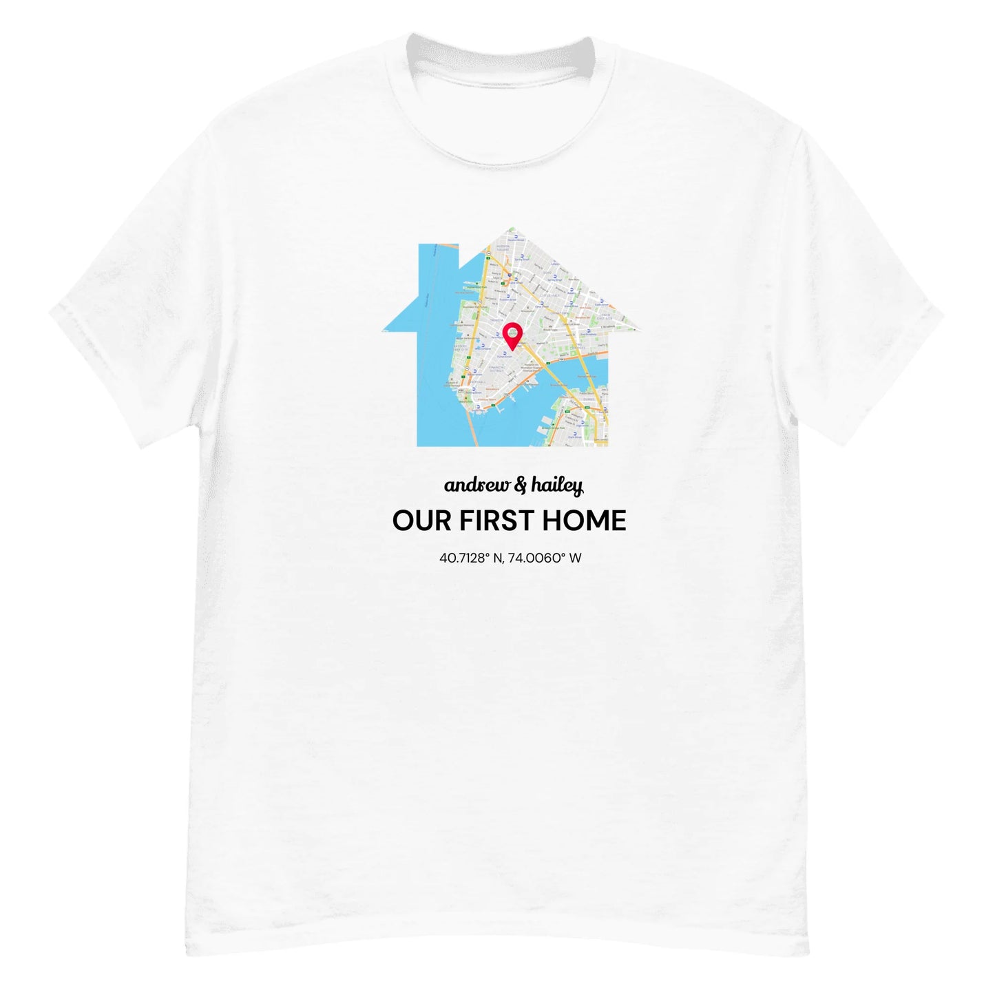 Personalized Our First Home Gift — Custom Address & Names on T-Shirt, Hoodie, Poster, Mug & Tote Bag